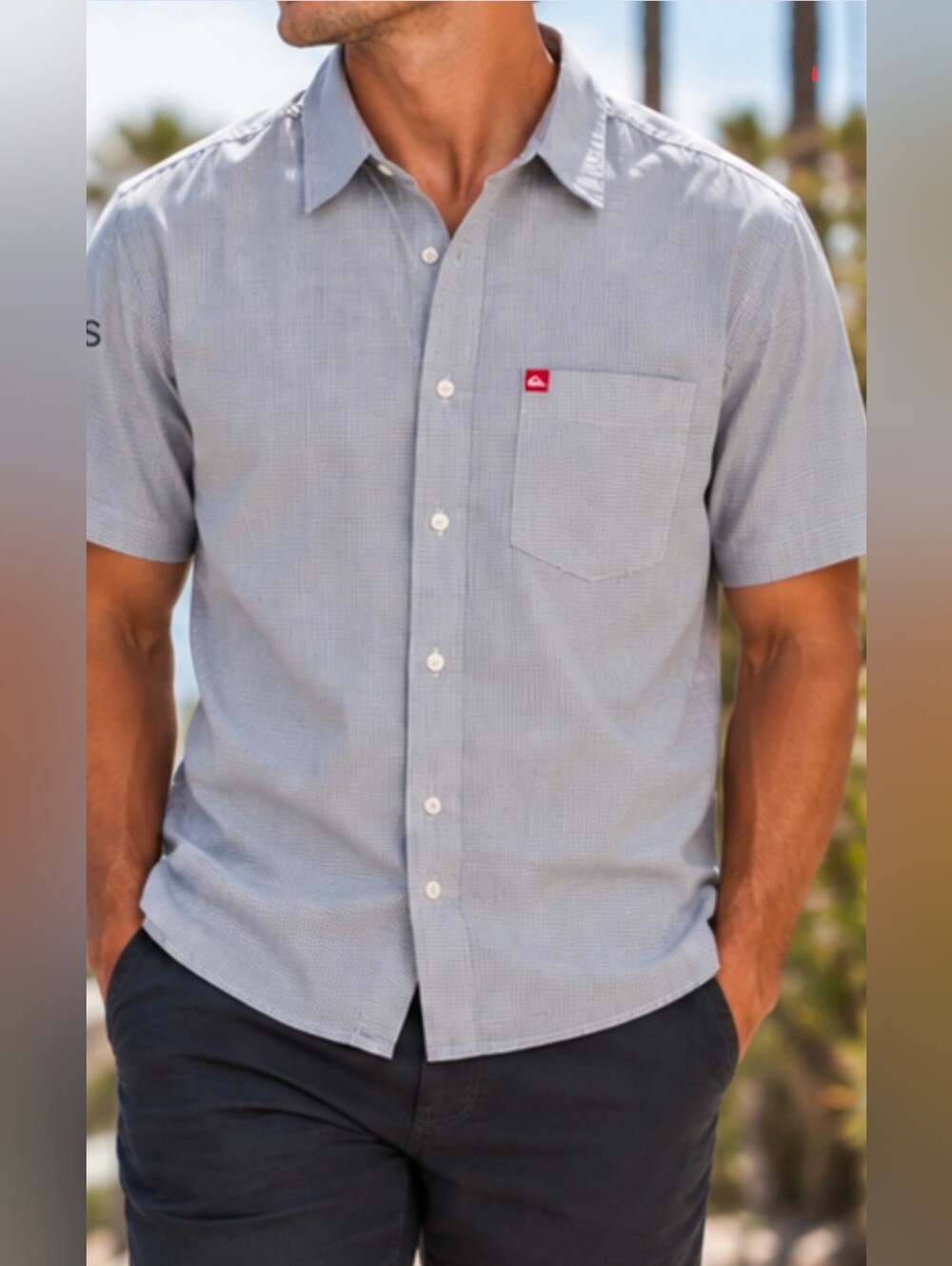 Quiksilver Men’s Gray Micro Check Short Sleeve Button Up Shirt Size Medium